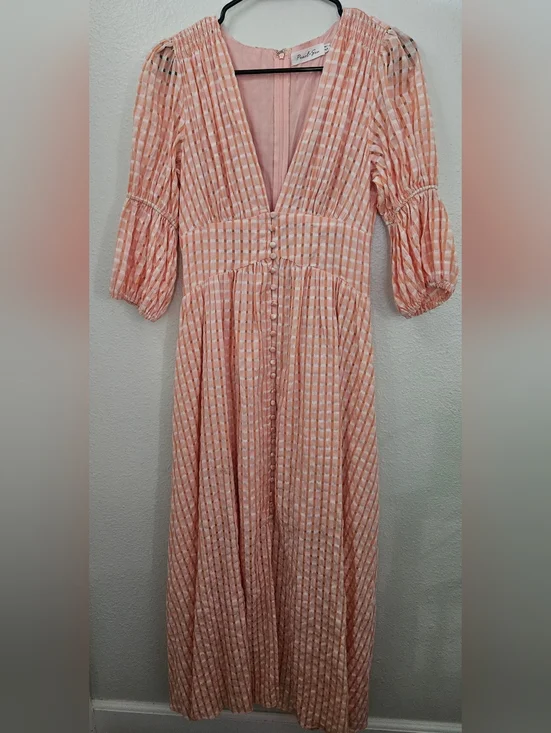 Pearl + Sea Orange Gingham Maxi Dress | Boho V-Neck Button Front Tiered Peach US - Picture 2 of 10